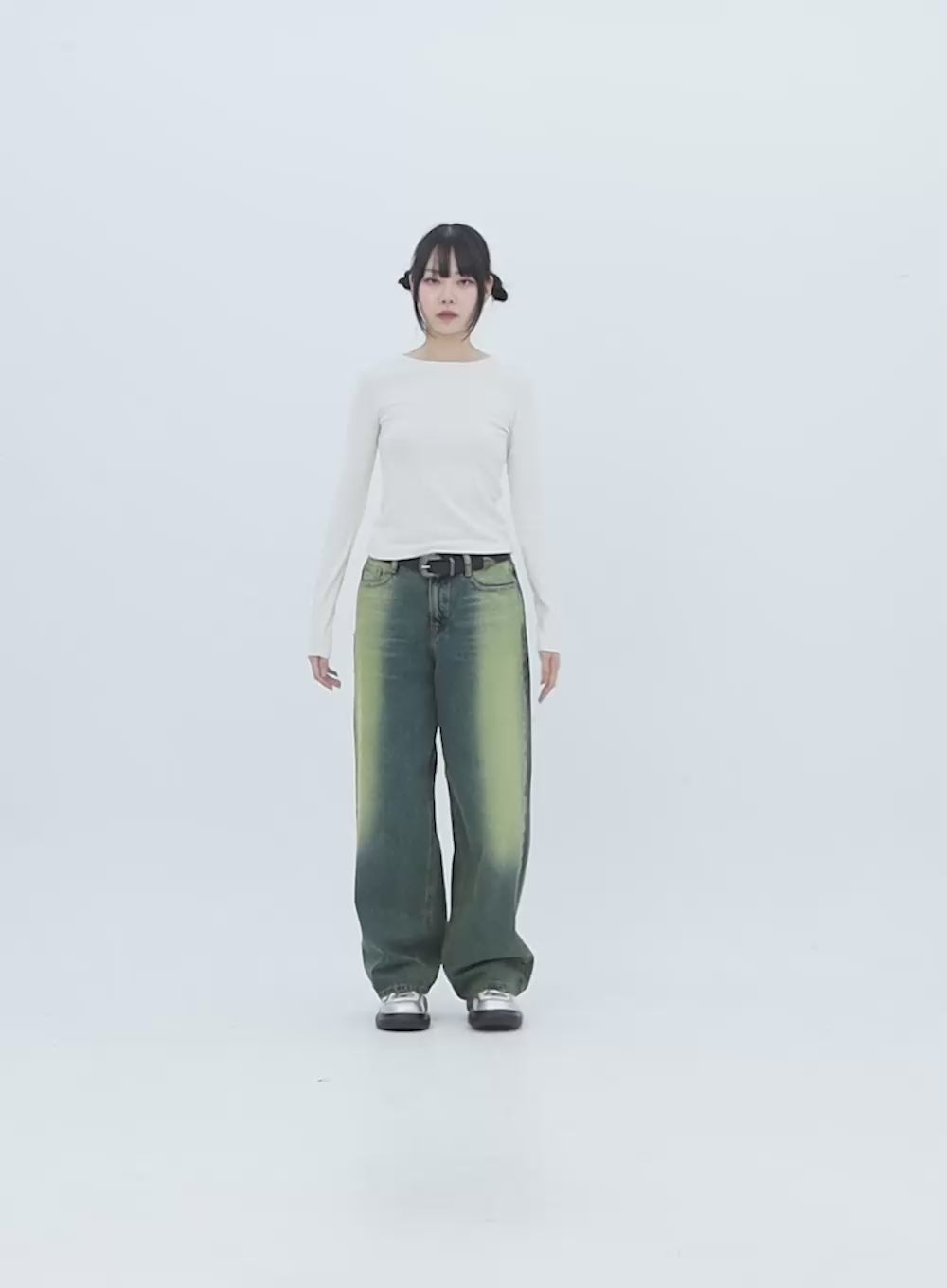 Green Wide Leg Washed Jeans IN310