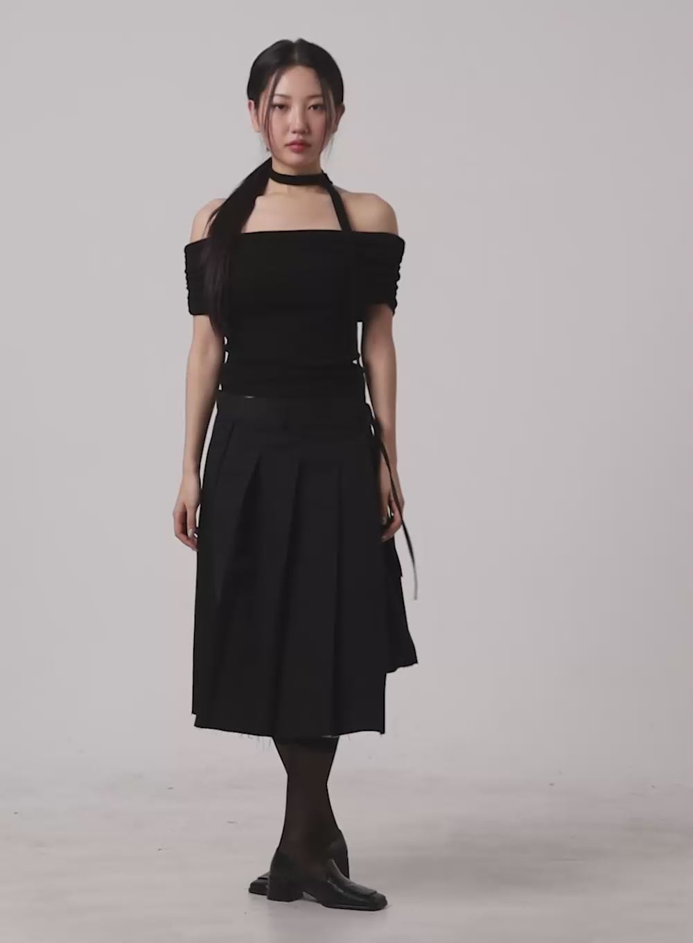 Ribbon Wrap Pleated Midi Skirt CY403