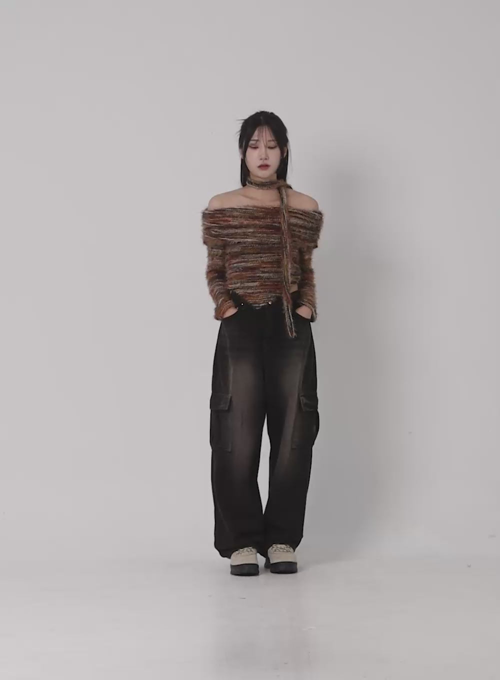 Asymmetrical Off-Shoulder Knit Sweater with Scarf CN320