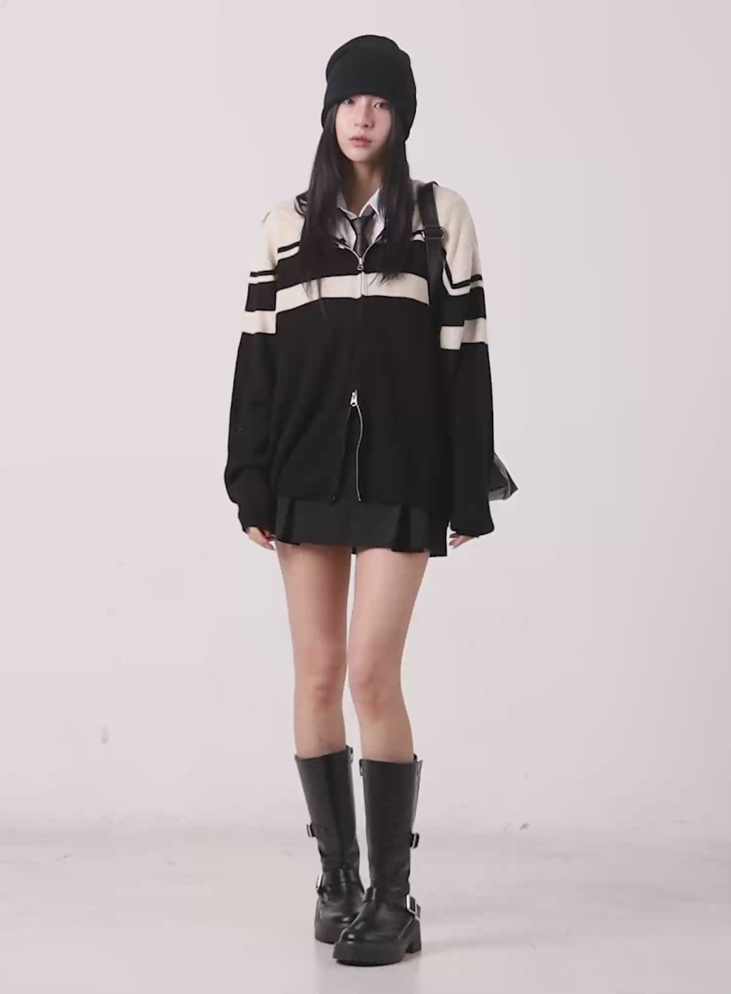 Striped Oversized Zip-Up Knit Hoodie IG508