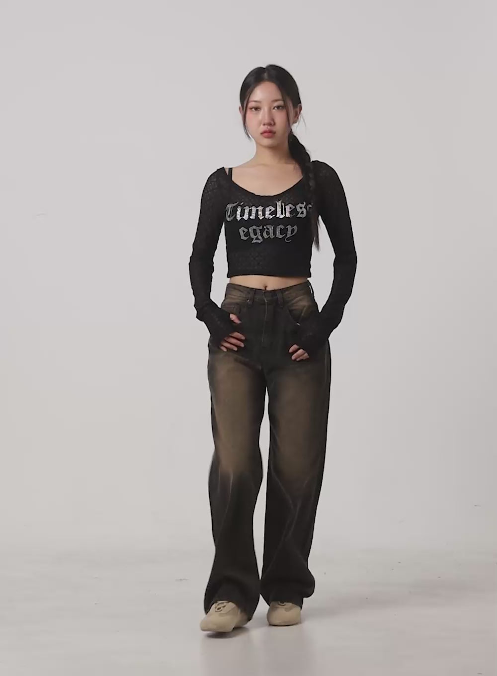 Lettering Mesh Crop Long Sleeve Tee CO404