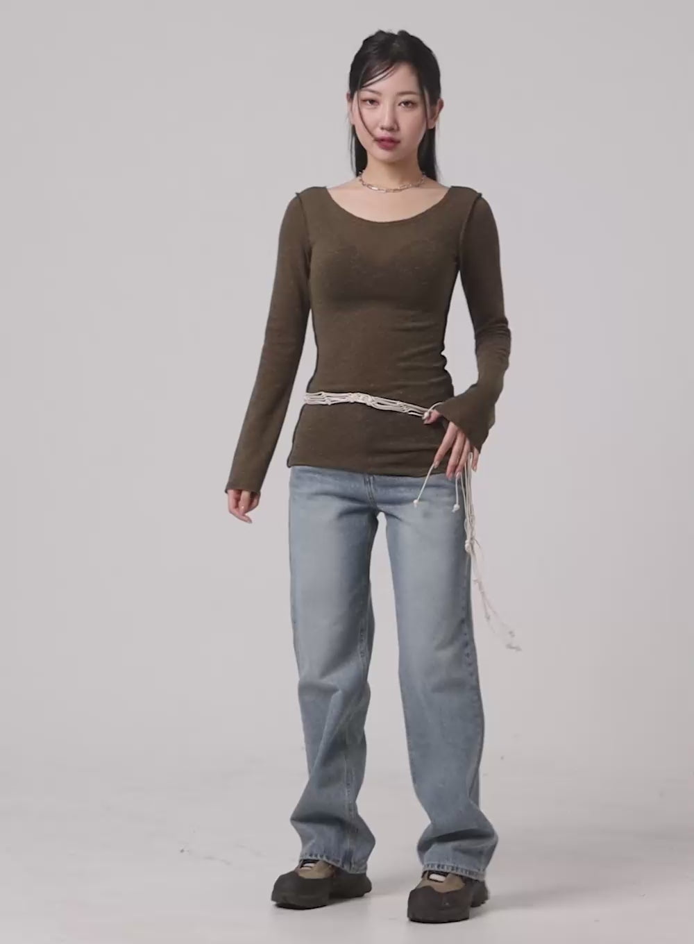 U-Neck Stitch Detail Long Sleeve CM411