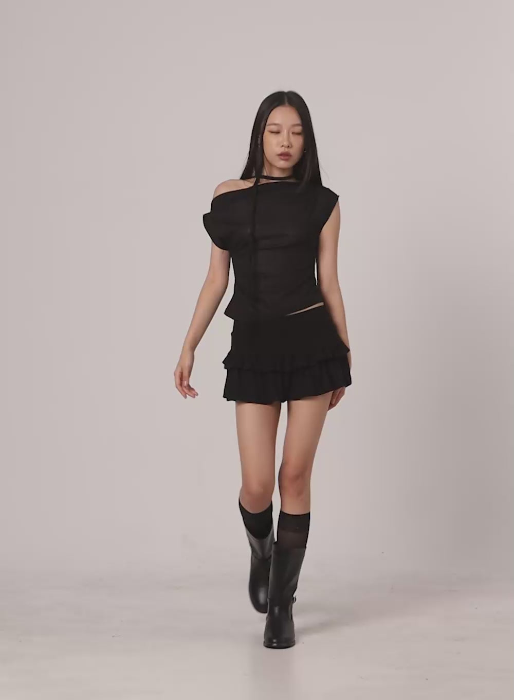 One Shoulder Crop Top with Thin Scarf Set IL409