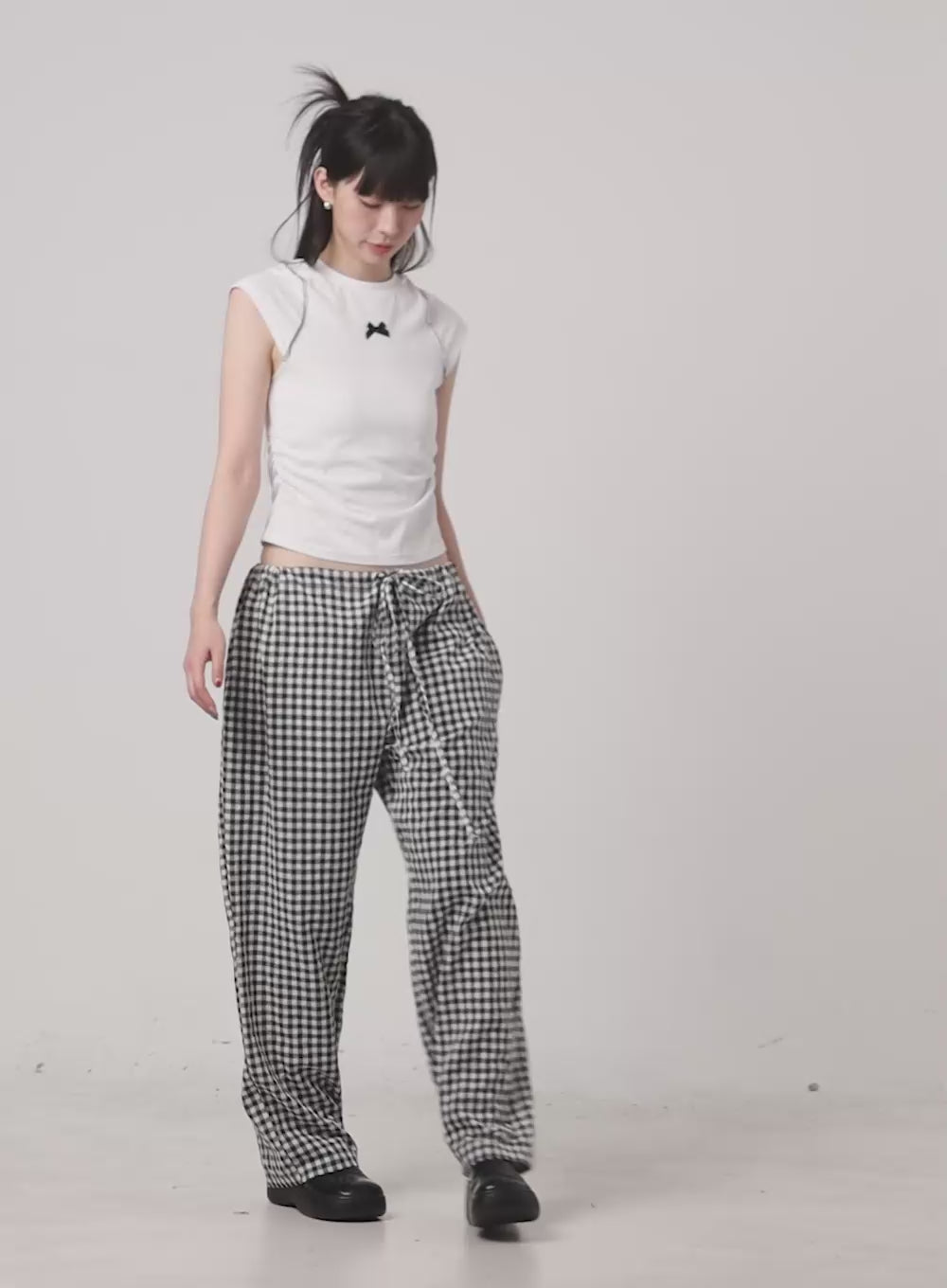 Checkered Banded Cotton Wide Leg Pants CG408