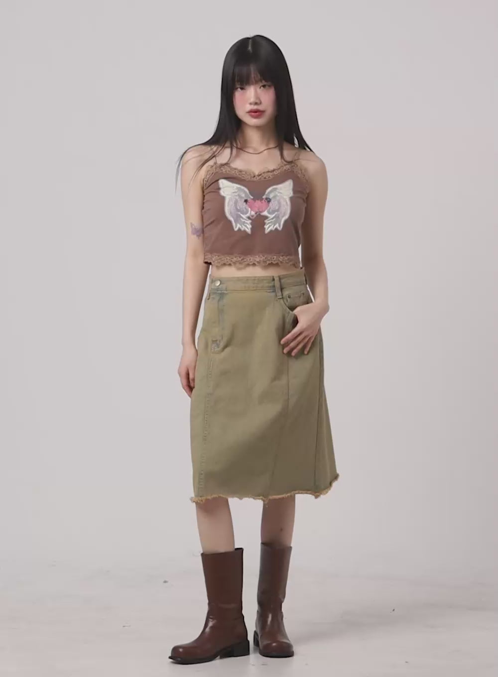 Destroyed Hem Midi Denim Skirt CA412