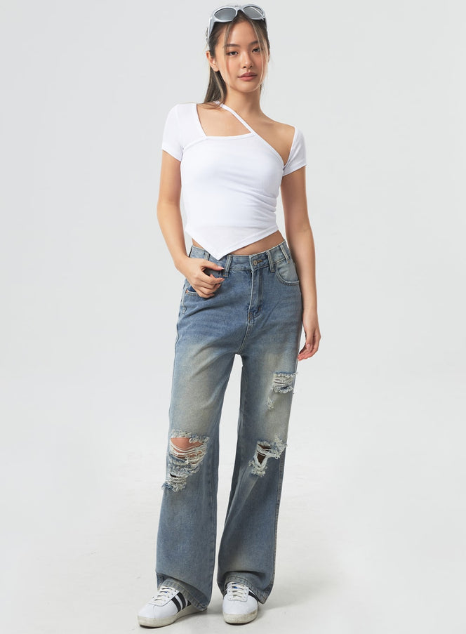 Low Rise Ripped Wide Jeans CA303