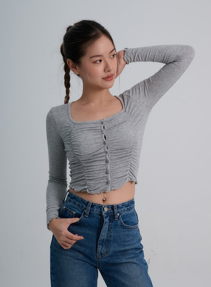 Square Neck Button Ruffle Crop Top CO18