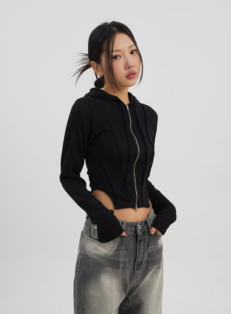 Ribbed Cropped Zip-Up Hoodie CJ330