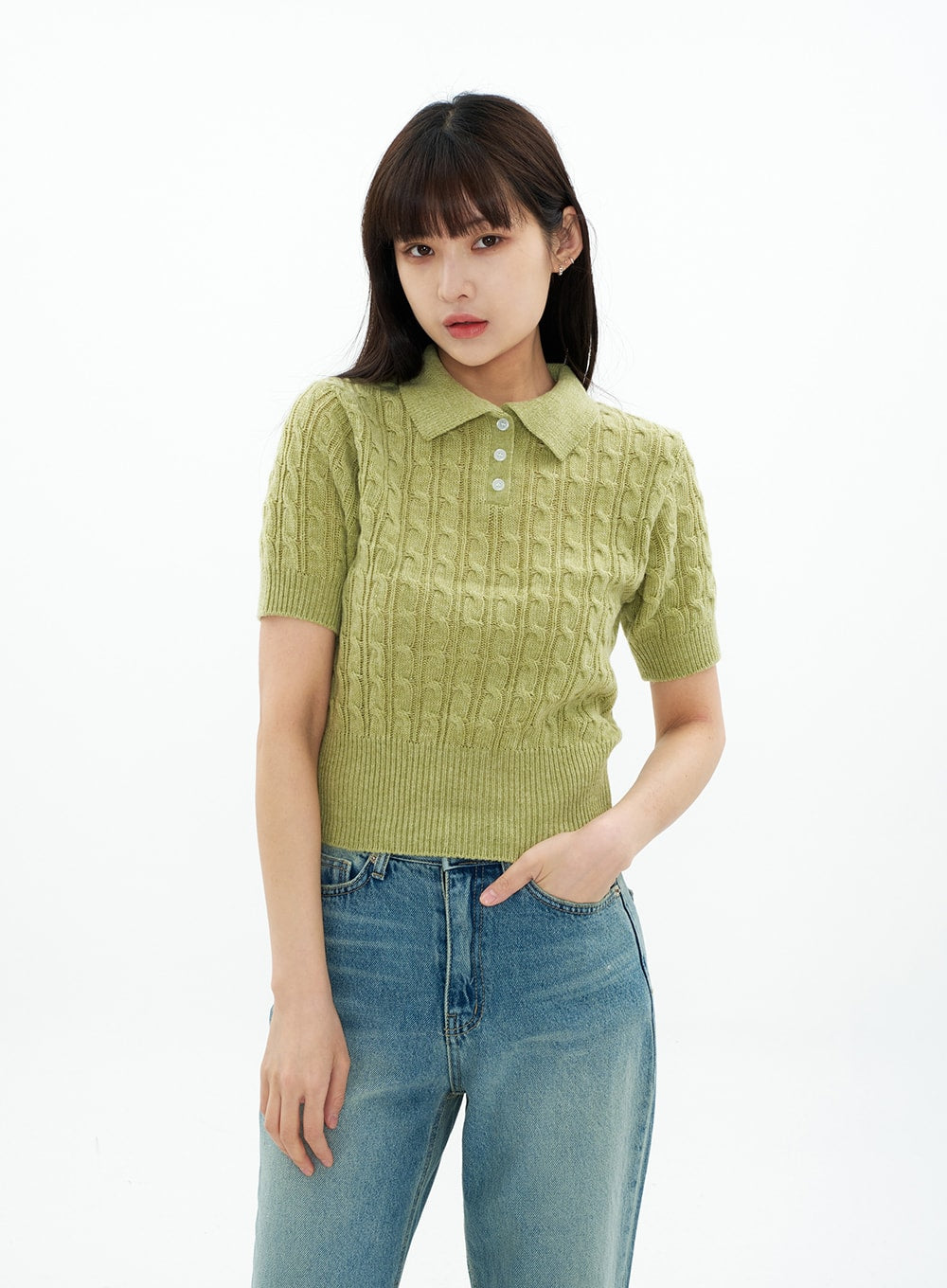 Cable Knit Collared Short-sleeve Sweater CA01