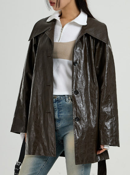 Faux Leather Trench Coat And Belt Ribbon Set CO26