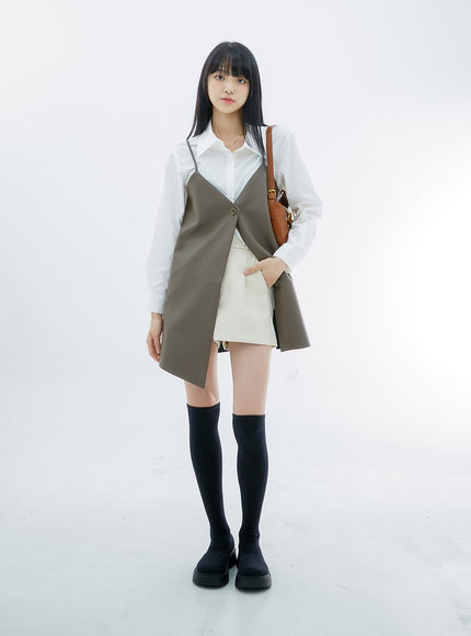 One Button Faux Leather Mini Dress OS29
