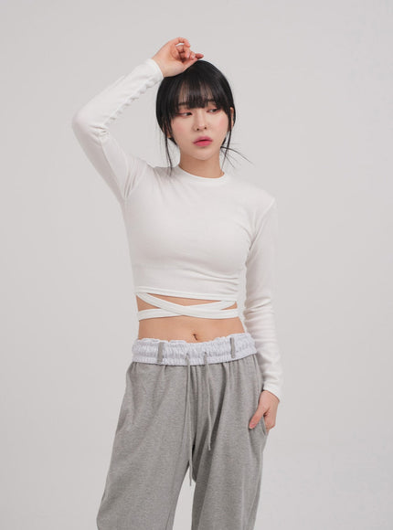 Waist Strap Detail Crop Long Sleeve T Shirt C0302