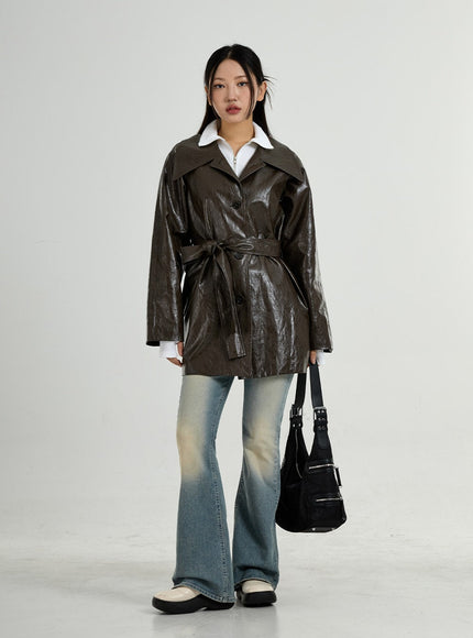 Faux Leather Trench Coat And Belt Ribbon Set CO26