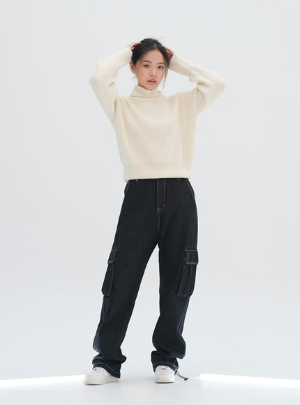 Wide Leg Denim Cargo Pants