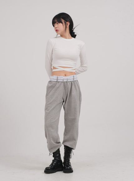 Waist Strap Detail Crop Long Sleeve T Shirt C0302