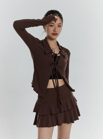 Front Tie Cardigan And Wavy Mini Skirt Set CN24