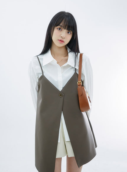 One Button Faux Leather Mini Dress OS29