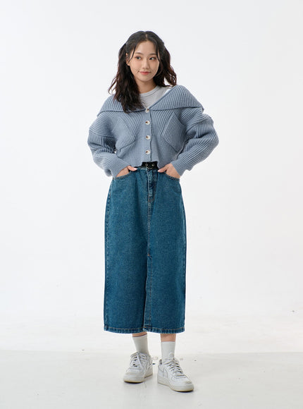 Mid-Wash Front Slit Denim Maxi Skirt BJ327