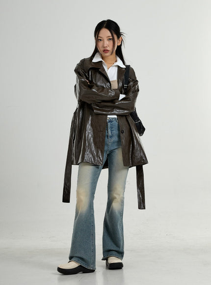 Faux Leather Trench Coat And Belt Ribbon Set CO26