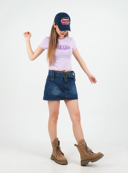 Low-Rise Bleached Denim Skorts and Belt Set CM02