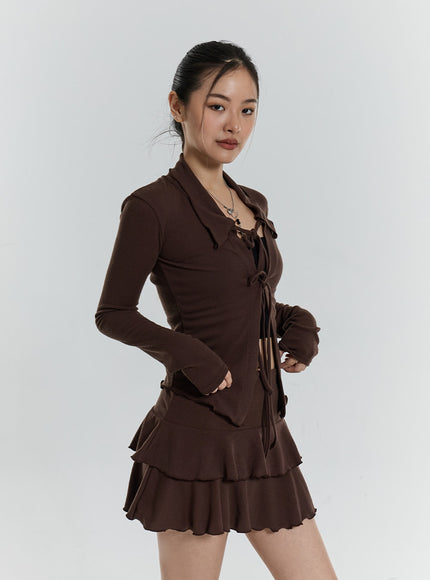 Front Tie Cardigan And Wavy Mini Skirt Set CN24