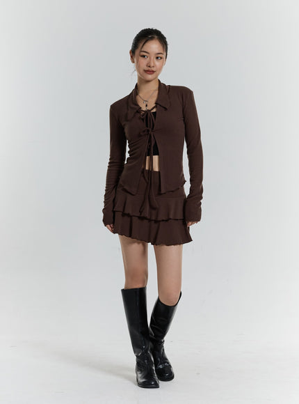 Front Tie Cardigan And Wavy Mini Skirt Set CN24