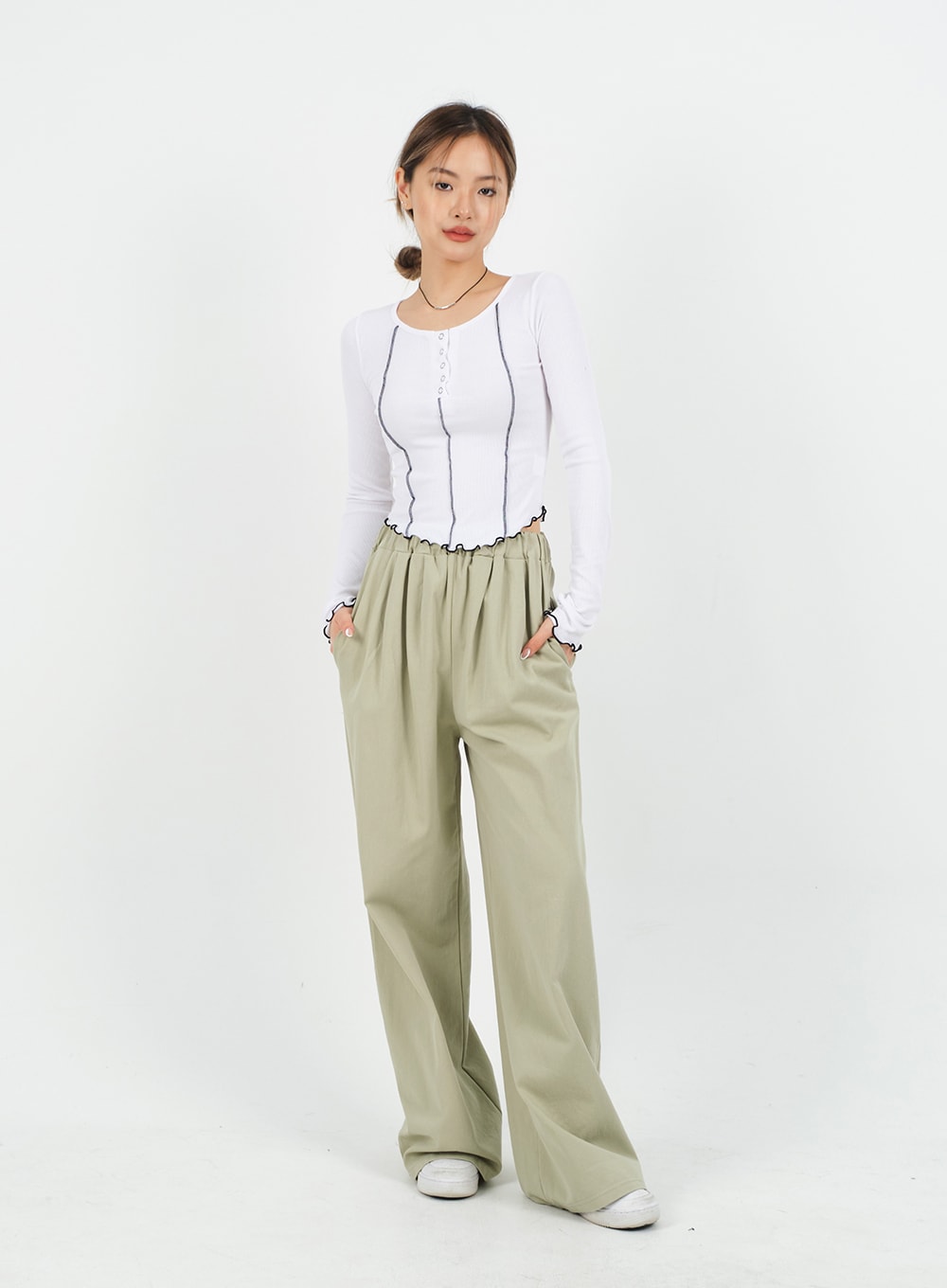 Mid-rise Wide Banded Cotton Pants CA08