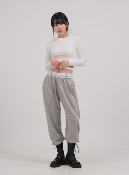 Waist Strap Detail Crop Long Sleeve T Shirt C0302