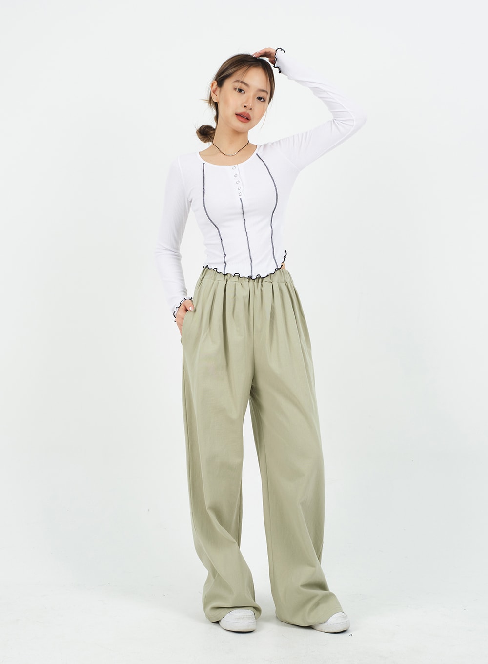 Mid-rise Wide Banded Cotton Pants CA08