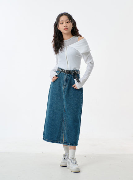Mid-Wash Front Slit Denim Maxi Skirt BJ327