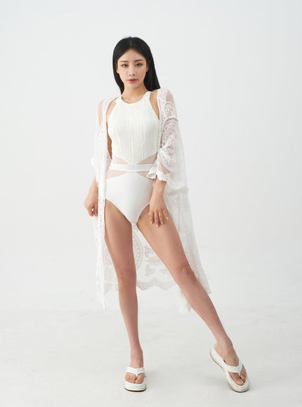 Halterneck Waxy Sheer One Piece Swimsuit IJ07