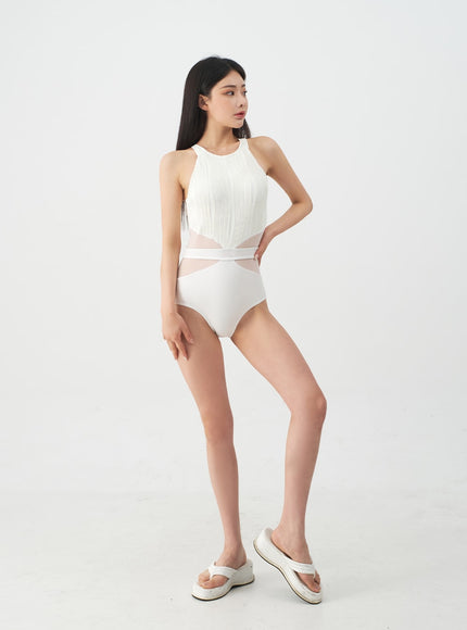 Halterneck Waxy Sheer One Piece Swimsuit IJ07