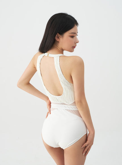 Halterneck Waxy Sheer One Piece Swimsuit IJ07