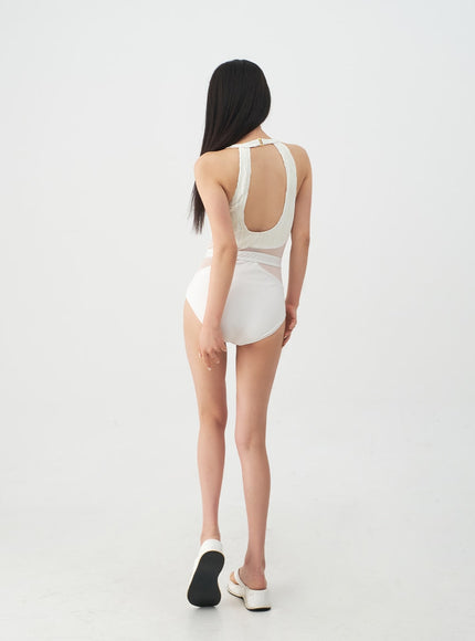 Halterneck Waxy Sheer One Piece Swimsuit IJ07