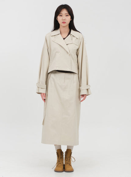 Double Button Cropped Trench Coat OA06