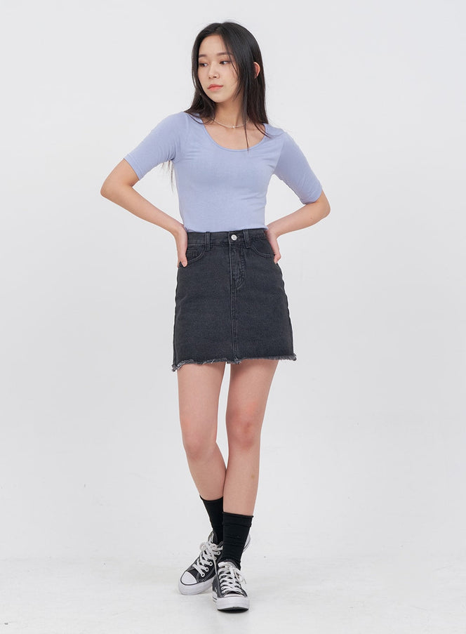 Raw Hem Bleached Denim Skirt OA05