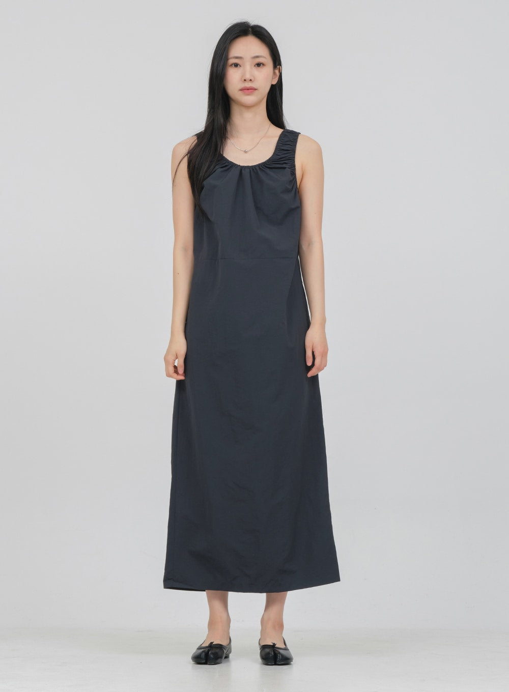Round Neck Shirring Nylon Maxi Dress OA14