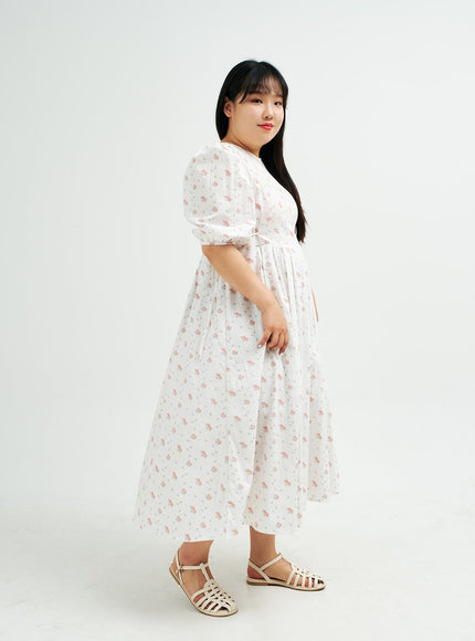 Plus Romantic Flower Print Ribbon Tie Maxi Dress IY24