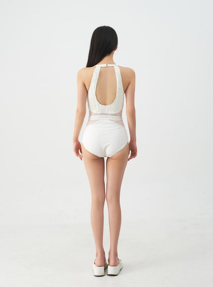 Halterneck Waxy Sheer One Piece Swimsuit IJ07