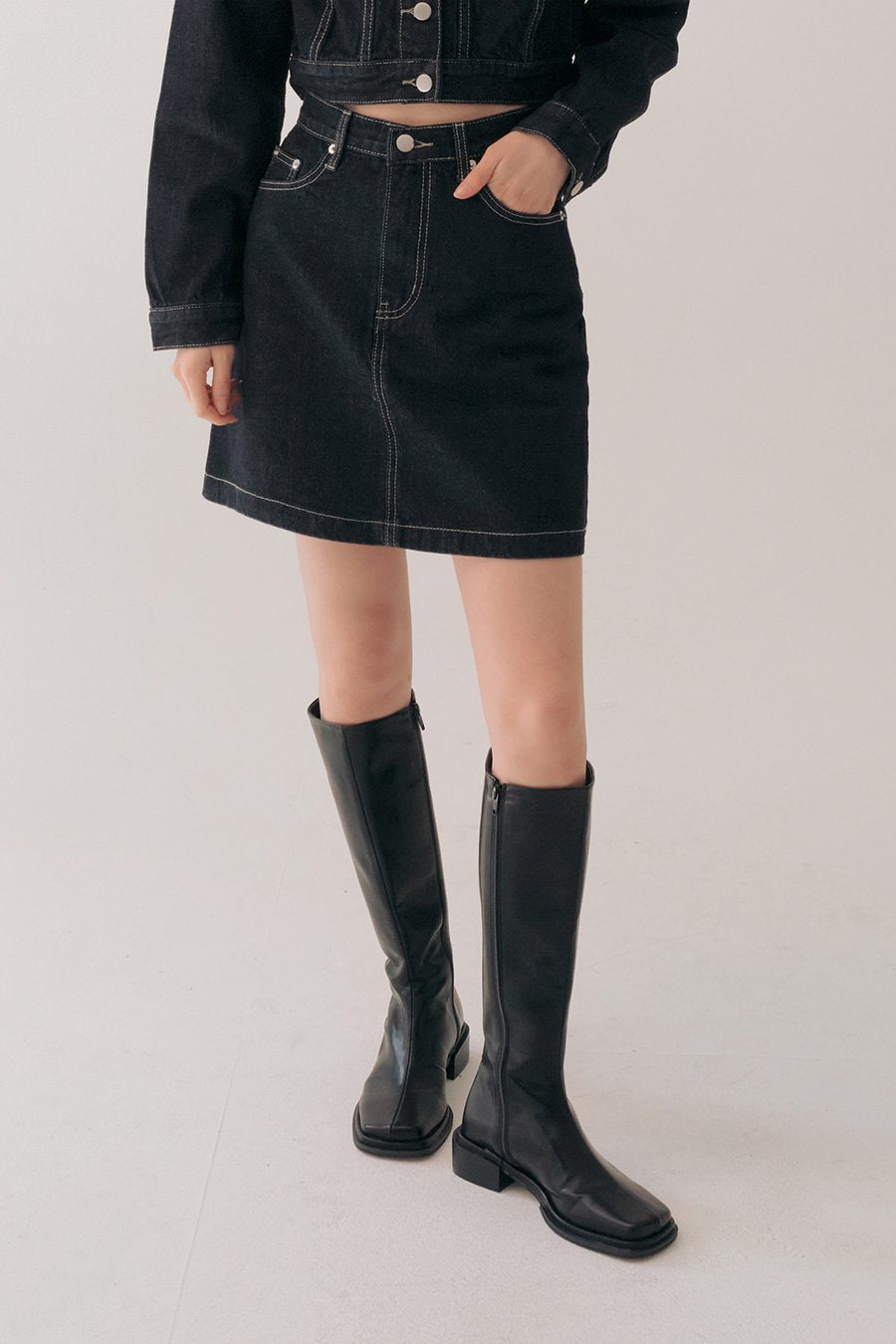 Black denim skirt set hotsell