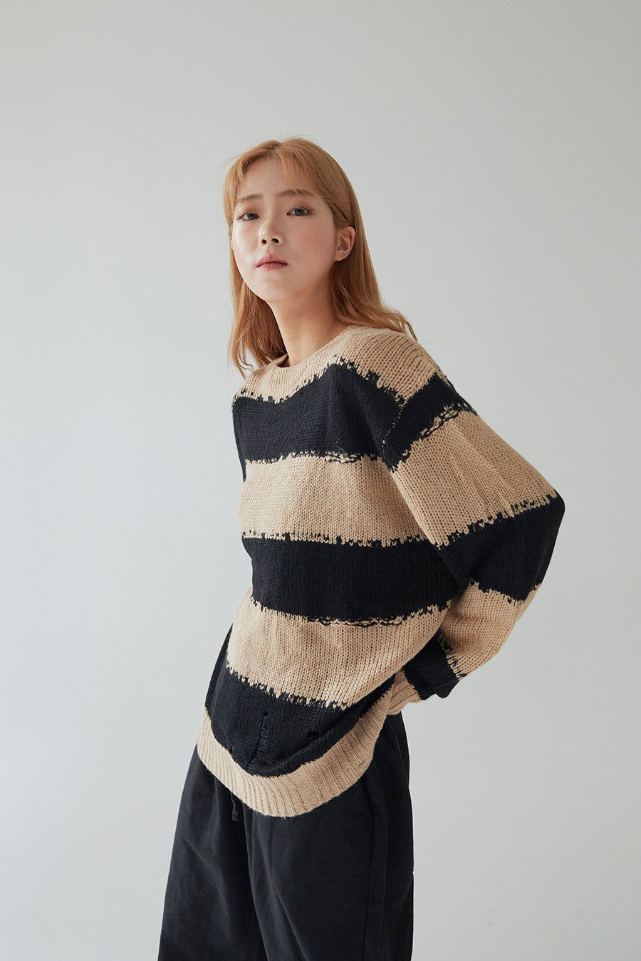 Stripped Distressed Knit Sweater F17