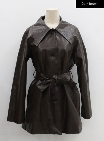 Faux Leather Trench Coat And Belt Ribbon Set CO26