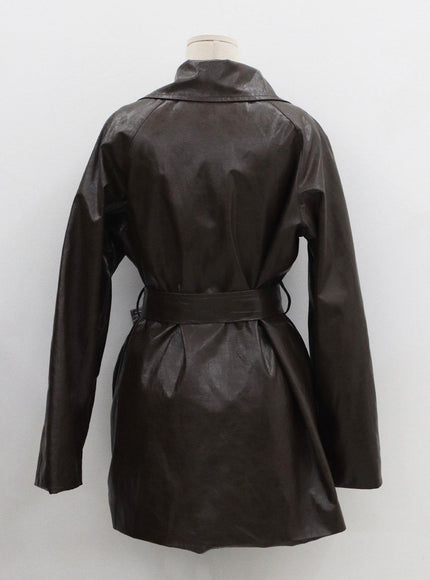 Faux Leather Trench Coat And Belt Ribbon Set CO26