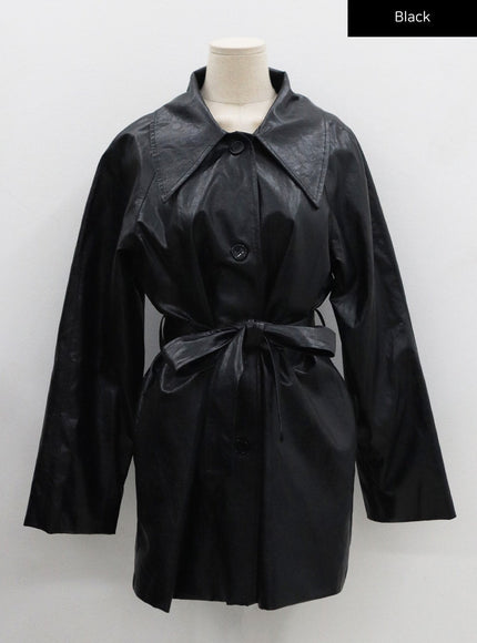 Faux Leather Trench Coat And Belt Ribbon Set CO26
