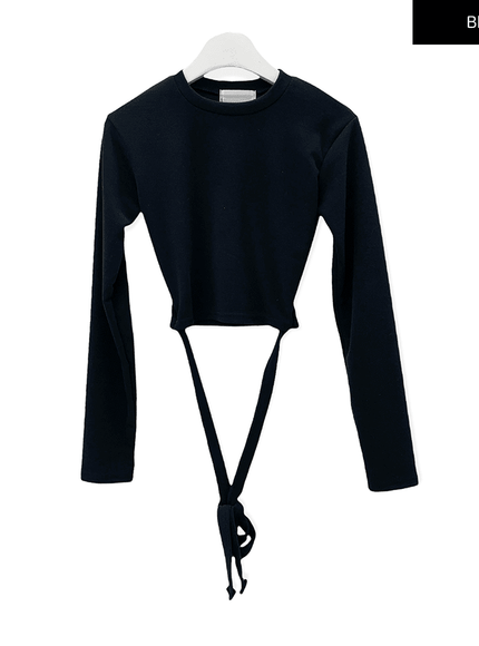 Waist Strap Detail Crop Long Sleeve T Shirt C0302
